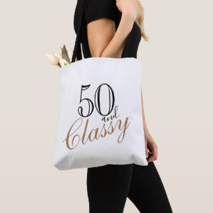 50 and Classy Elegant Black Golden Script Birthday Tote Bag