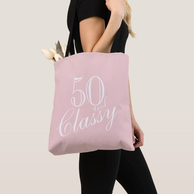 50 and Classy Pink Elegant White Script Birthday Tote Bag (Close Up)