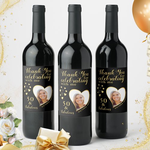 50 and Fab Birthday Photo Thank You Black and Gold Wine Label