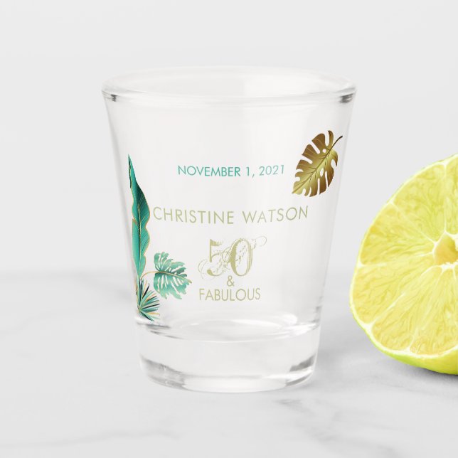 50 and Fab Green Gold Leaves Birthday Shot Glass (Front)