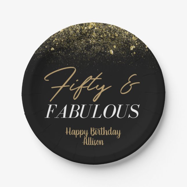 50 and Fablous  Birthday Black/ Gold Confetti    Paper Plates (Front)