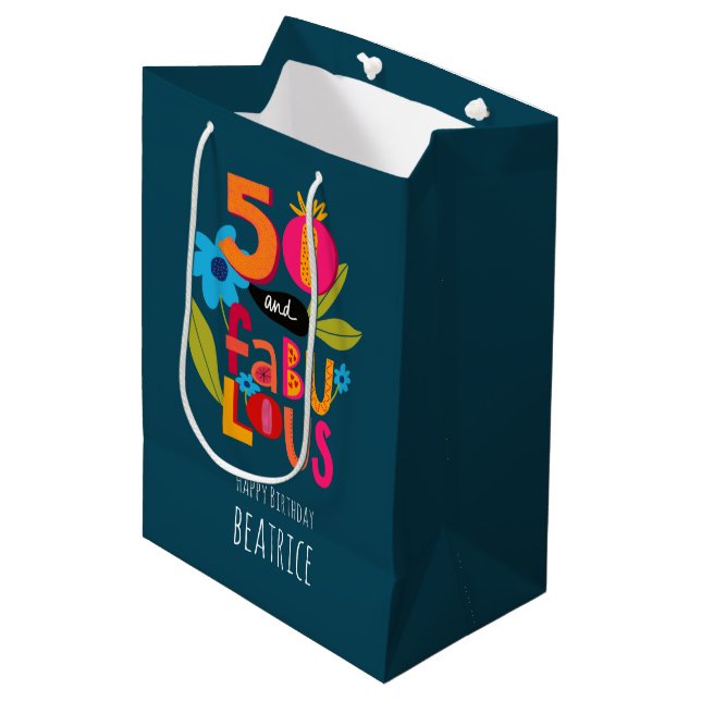 50 and Fabulous 50th Birthday Artsy Lettering Medium Gift Bag (Front Angled)