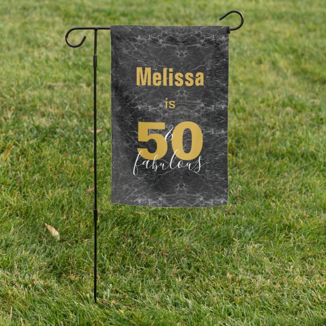 50 and Fabulous 50th Birthday Black Marble Gold Garden Flag (In SItu)