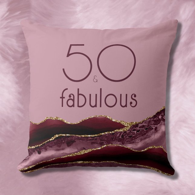 50 and Fabulous 50th Birthday Burgundy Pink Agate Throw Pillow (Creator Uploaded)
