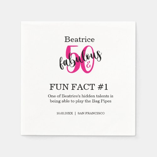 50 and fabulous 50th birthday Fun Fact Pink Napkins