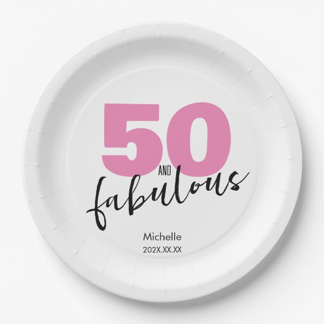 50 and fabulous 50th Birthday gift Fifty pink Paper Plates (Front)