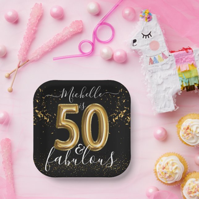 50 and Fabulous 50th Birthday Gold Balloons Black Paper Plates (Party)