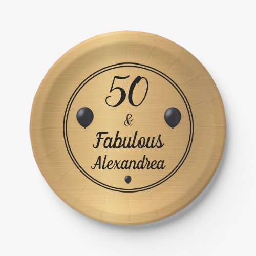 50 and Fabulous 50th Birthday Gold Black  Paper Plates