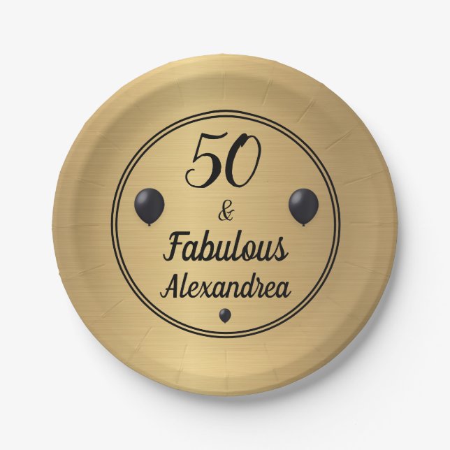 50 and Fabulous 50th Birthday Gold Black  Paper Plates (Front)
