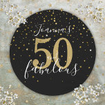 50 and Fabulous 50th Birthday Gold Black Script Classic Round Sticker<br><div class="desc">50 and fabulous script gold stars confetti birthday celebration stickers,  personalize with your name in a beautiful modern text. Designed by Thisisnotme©</div>
