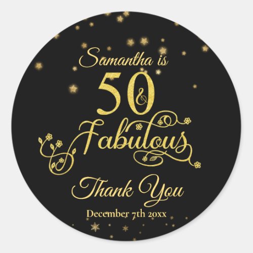 50 and Fabulous 50th Birthday Gold Glitter Black Classic Round Sticker