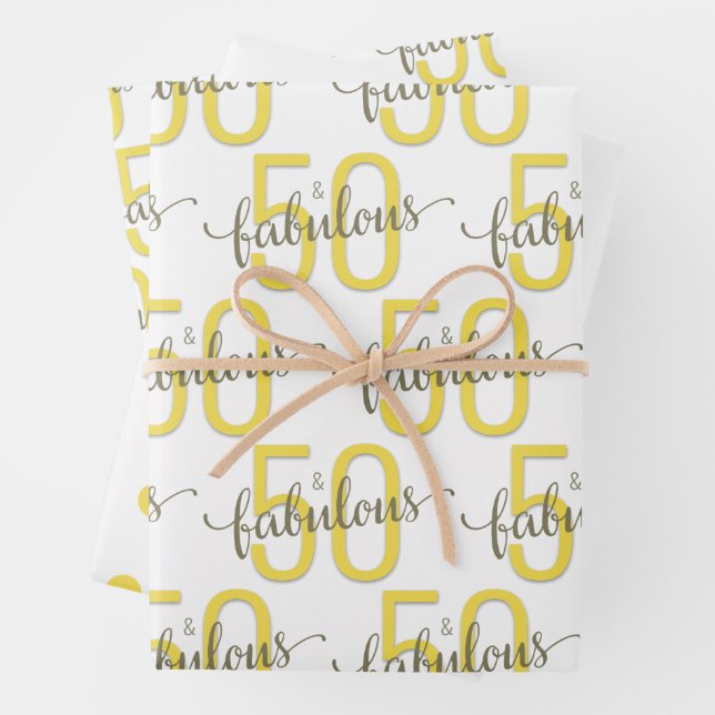 50 and Fabulous 50th Birthday Gold Gray Wrapping Paper Sheets (In situ)