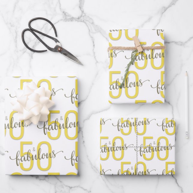 50 and Fabulous 50th Birthday Gold Gray Wrapping Paper Sheets (Front)