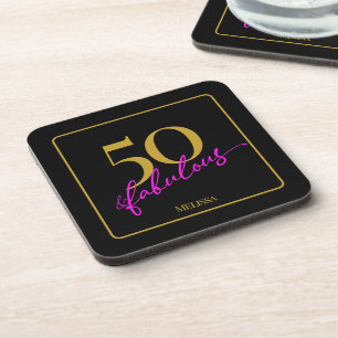 50 and Fabulous 50th Birthday Party Black and Gold Beverage Coaster