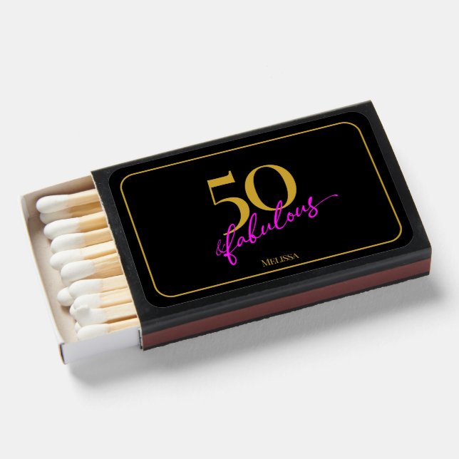 50 and Fabulous 50th Birthday Party Black and Gold Matchboxes (Front Open)