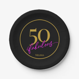 50 and Fabulous 50th Birthday Party Black and Gold Paper Plates