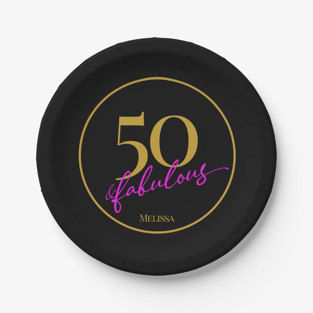 50 and Fabulous 50th Birthday Party Black and Gold Paper Plates (Front)