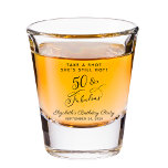 50 and Fabulous 50th Birthday Party Favor Shot Glass<br><div class="desc">50 & Fabulous - Toast to a Life Well Celebrated! Fun and chic 50th birthday party shot glass. "50 & Fabulous" is written in a stylish script and you can personalize the "Take a Shot She's Still Hot" text,  her name and the party date.</div>