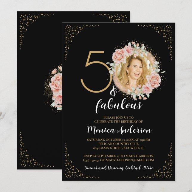 50 and Fabulous 50th Birthday Party Glitter Black Invitation (Front/Back)