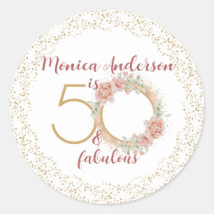 50 and Fabulous 50th Birthday Party Glitter Name Classic Round Sticker