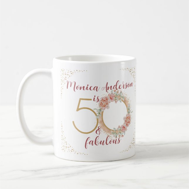 50 and Fabulous 50th Birthday Party Glitter Name Coffee Mug (Left)