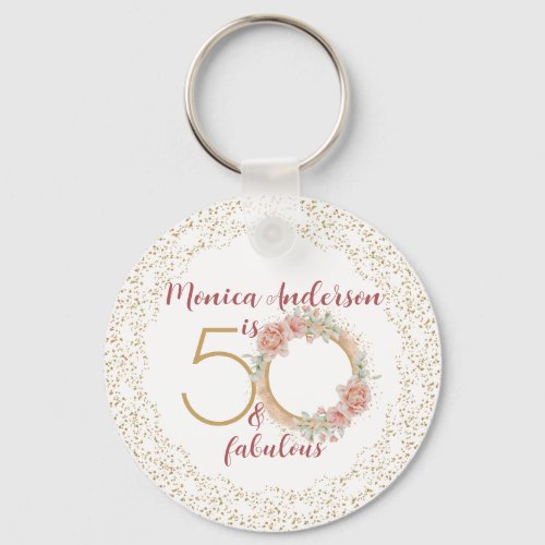 50 and Fabulous 50th Birthday Party Glitter Name Keychain