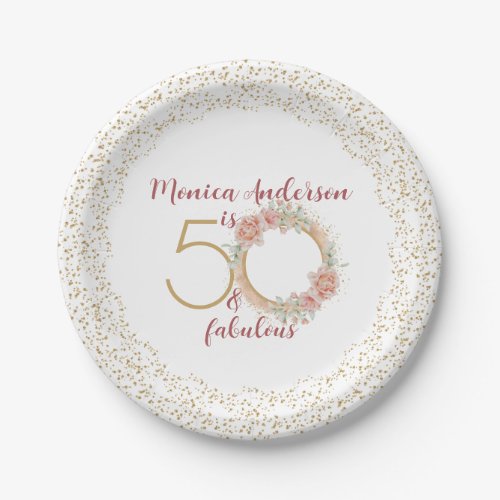 50 and Fabulous 50th Birthday Party Glitter Name Paper Plates
