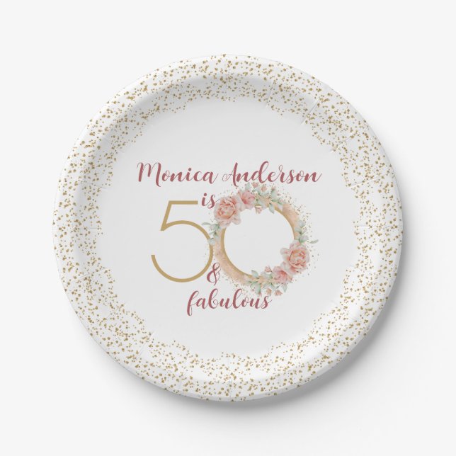 50 and Fabulous 50th Birthday Party Glitter Name Paper Plates (Front)