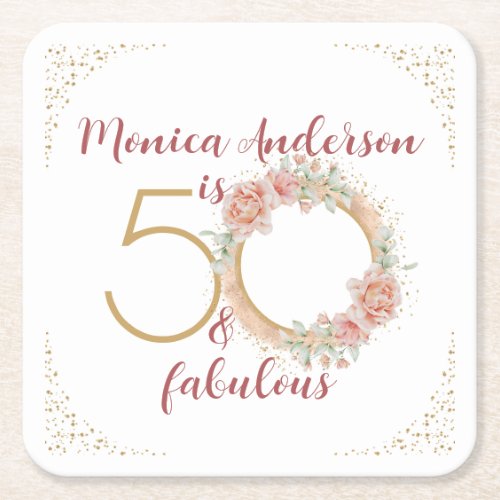 50 and Fabulous 50th Birthday Party Glitter Name Square Paper Coaster