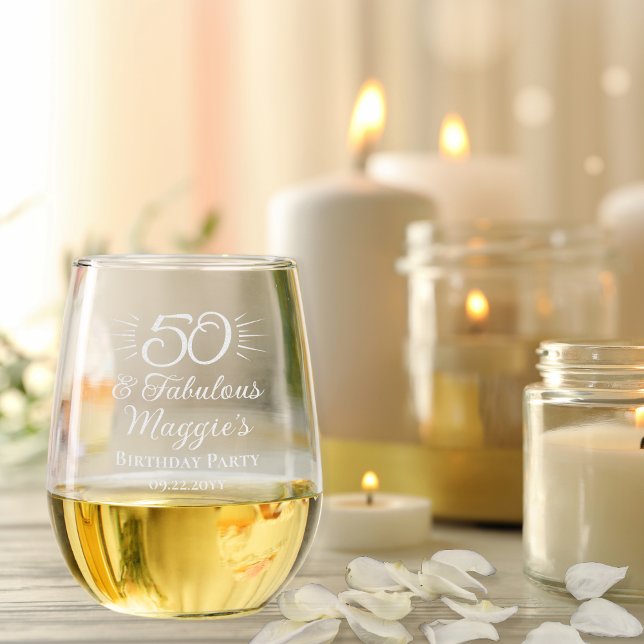 50 and Fabulous 50th Birthday Party Keepsake Stemless Wine Glass ("50 and Fabulous" 50th Birthday Party Keepsake Stemless Wine Glass)