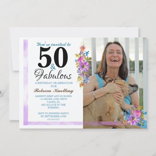 50 and Fabulous 50th Birthday Party Photo Floral Invitation