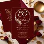 50 and Fabulous 50th Birthday Party Stamped Foil Invitation<br><div class="desc">Elegant typography design "50 and Fabulous" 50th birthday party design featuring a rose outline circular frame.  Back features a rose outline in gold tone (not gold foil).  Front and back background is a dark red burgundy color.</div>