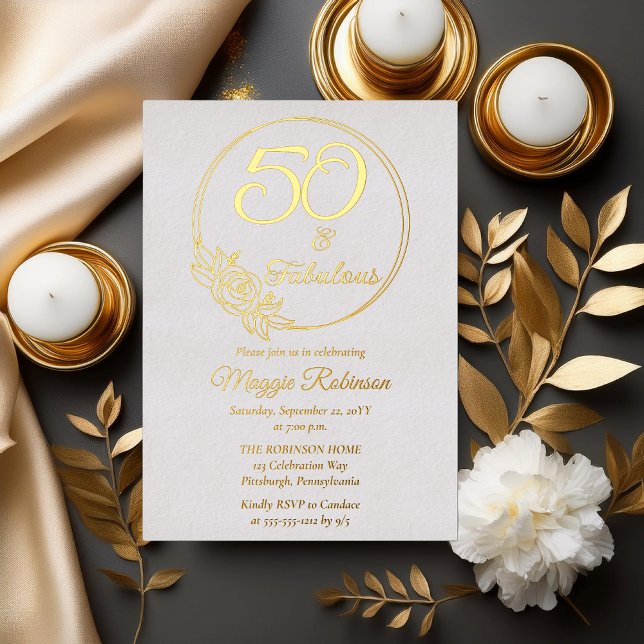 50 and Fabulous 50th Birthday Party Stamped Foil Invitation (Simply Elegant "50 and Fabulous" 50th Birthday Party Stamped Foil Invitation)
