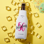 50 and Fabulous 50th Birthday Pink Bottle Bottle Cooler<br><div class="desc">Celebrate turning 50 in style with this fun black and bright pink 50th birthday design. The design uses popular hand lettering in black stylishly draped across the bright pink 50 number. Fun and stylish.</div>