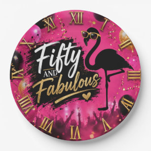 50 and fabulous,  50th birthday pink flamingo paper plates