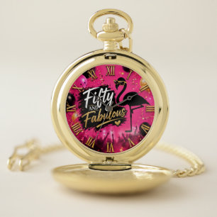 50 and fabulous, 50th birthday pink flamingo pocket watch