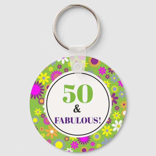 50 and Fabulous 50th Birthday Purple Green Floral Keychain (Front)