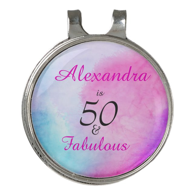 50 and Fabulous 50th Birthday Purple Pink Golf Hat Clip (Front)