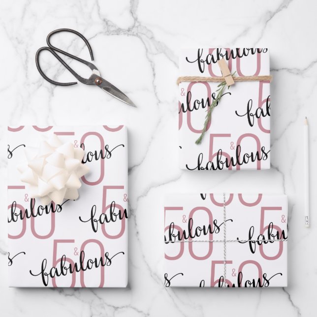 50 and Fabulous 50th birthday Rose Gold Wrapping Paper Sheets (Front)