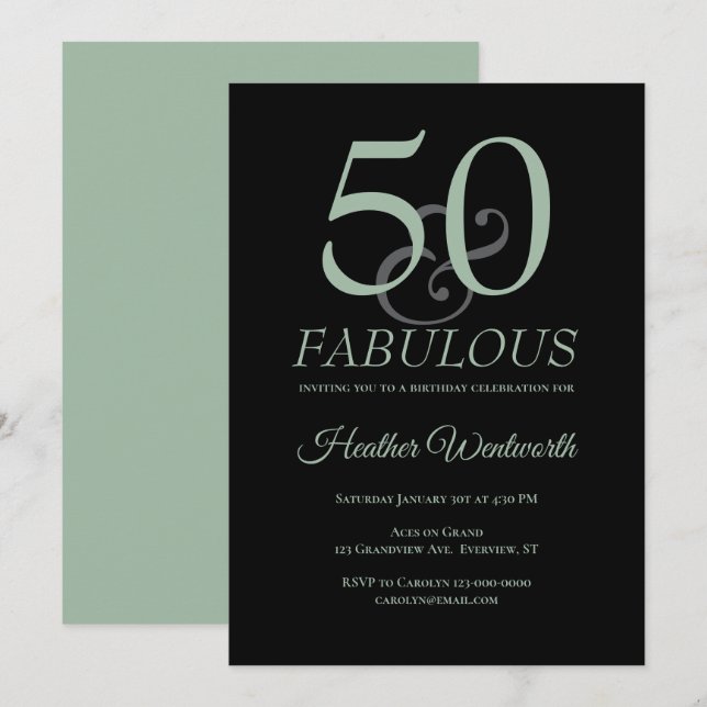 50 and Fabulous 50th Birthday Sage Black Invitation (Front/Back)