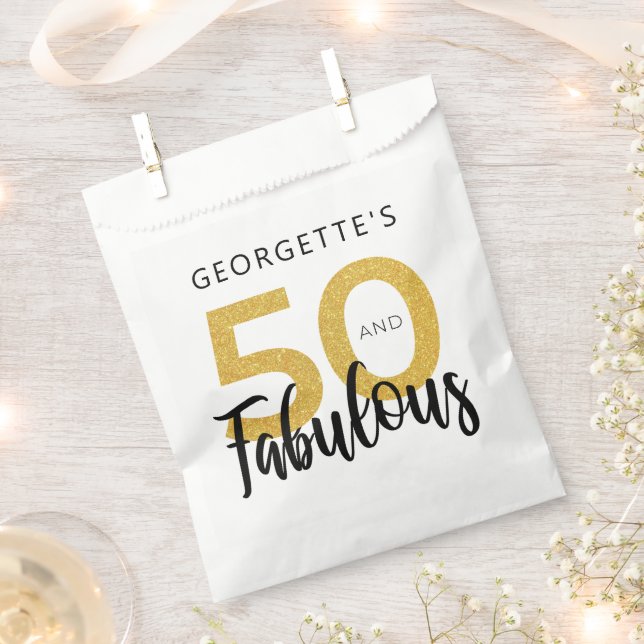 50 and Fabulous 50th Birthday Script Gold Glitter Favor Bag (Clipped)