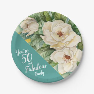50 And Fabulous 50th Birthday Teal Floral Name Paper Plates