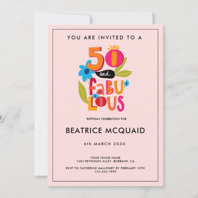 50 and Fabulous 50th Birthday Whimsical Lettering  Invitation (Front)