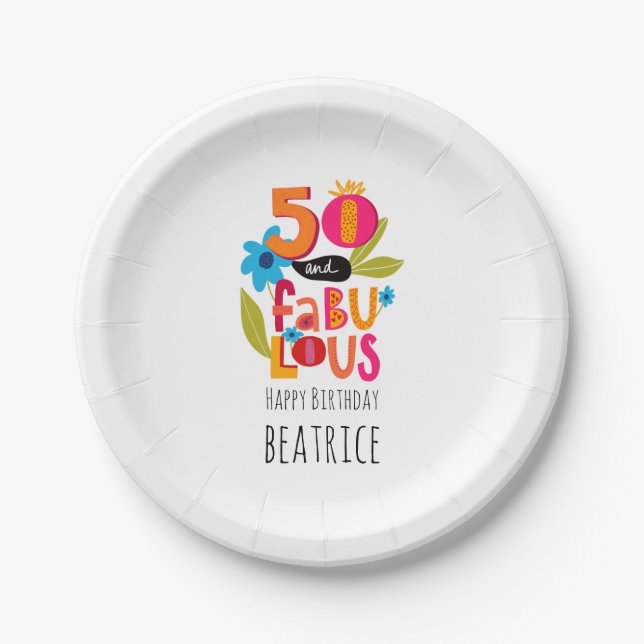 50 and Fabulous 50th Birthday Whimsical Lettering  Paper Plates (Front)