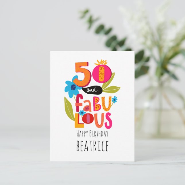 50 and Fabulous 50th Birthday Whimsical Lettering Postcard (Standing Front)