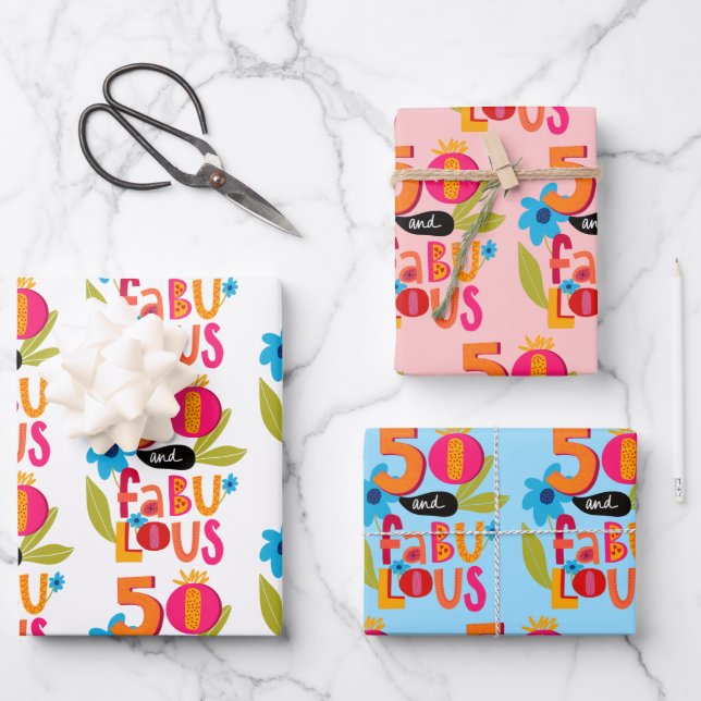 50 and Fabulous 50th Birthday Whimsical Lettering  Wrapping Paper Sheets (Front)