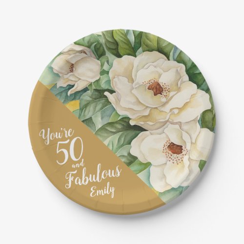 50 And Fabulous 50th Gold Birthday Floral Name Paper Plates