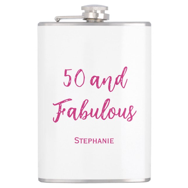 50 and fabulous 50th pink modern flask (Front)