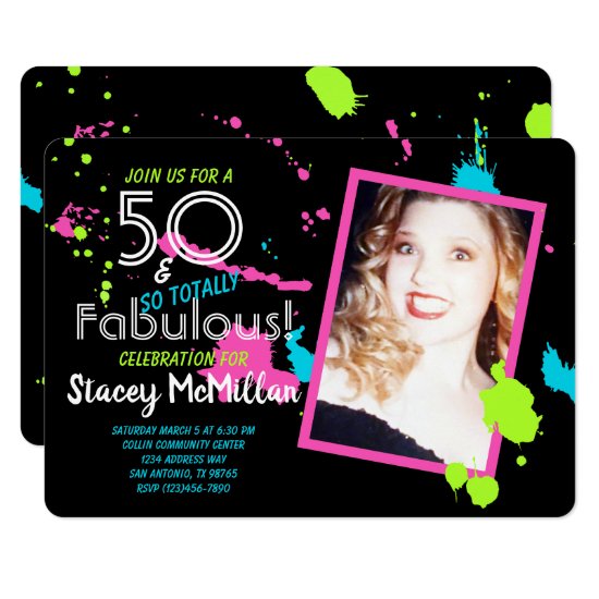 50 and Fabulous 80s Retro Paint Splatter Birthday Invitation