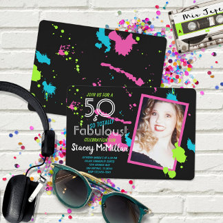 50 and Fabulous 80s Retro Paint Splatter Birthday Invitation